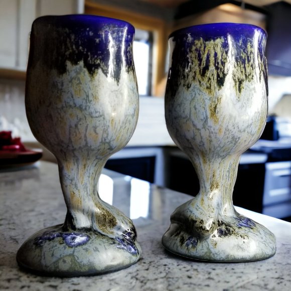 Doug Wylie Whale Tail Set-2 Wine/Water Handmade Goblet Blue/Grey Drip Pottery - Picture 2 of 15